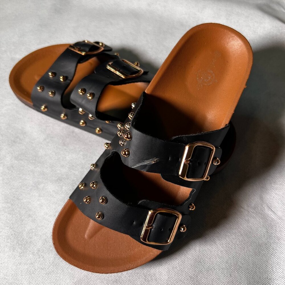 SHUZIA Faux Leather Studded Double Buckle Slides